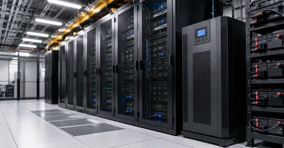 12000VA UPS system installed beside server racks in a modern data centre