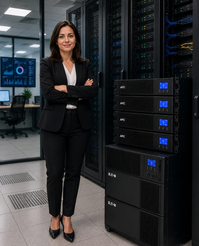 Network and server UPS systems from APC and Eaton in a modern server room 